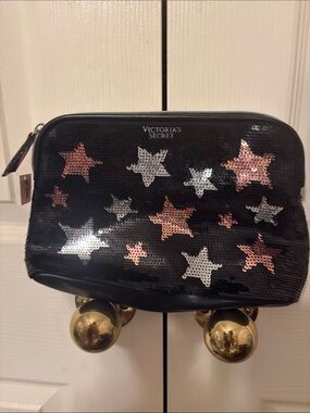 Victoria's Secret Black Sequin Star Makeup Pouch with Rose Gold & Silver Accents